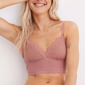 NWT Aerie Ribbed Eyelash Lace Trim Longline Bralette Blush Dusty Pink Rose
